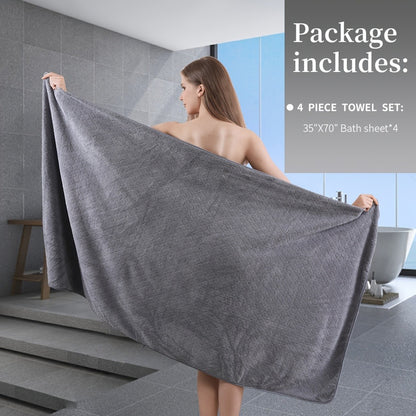 Oversized Bath Towel Set 4 Piece Diamond Pattern Microfiber - Ultra Soft Highly Absorbent Quick Dry | 10 Colors | Blue Green Black Gray Navy Orchid Brown Purple White Turquoise | Bathroom Hotel Gym Gift