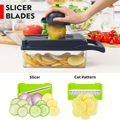 Vegetable Chopper 16-in-1 Multifunctional Food Chopper Slicer & Dicer – Manual Kitchen Chopper with 8 Interchangeable Blades & Container for Fruits, Vegetables & Onions – 1-10L Capacity