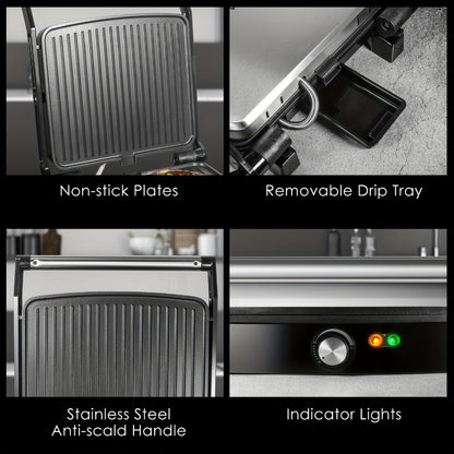 Panini Press Sandwich Maker 1200W – 4-Slice Non-Stick Grill with 180° Opening Adjustable Temperature 120–428°F & Removable Drip Tray | Electric Contact Grill for Sandwiches Steaks Burgers Indoor Use