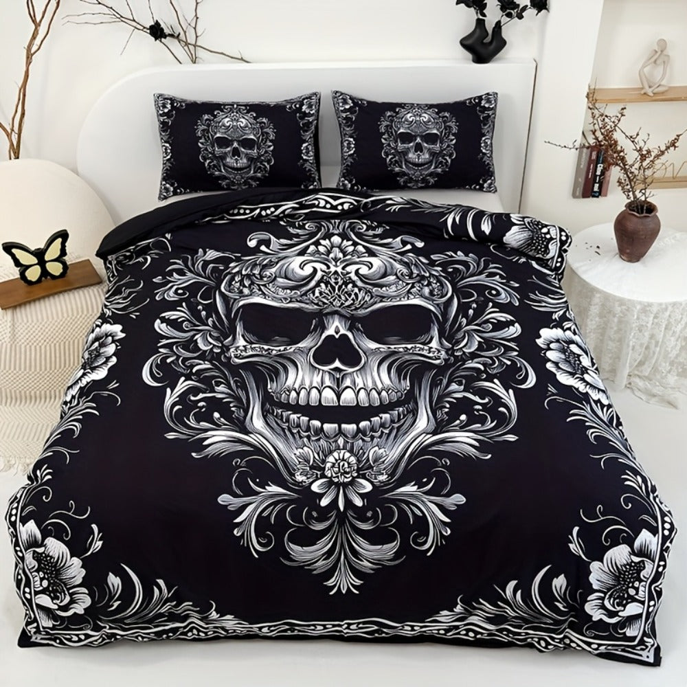 Skull Duvet Cover Set 3pcs – Gothic Victorian Baroque Black & White Skull Bedding with 2 Pillowcases, Digital Print Halloween Bedroom Decor (Twin, Full, Queen, King – No Insert)