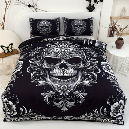 Skull Duvet Cover Set 3pcs – Gothic Victorian Baroque Black & White Skull Bedding with 2 Pillowcases, Digital Print Halloween Bedroom Decor (Twin, Full, Queen, King – No Insert)