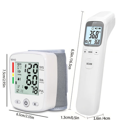 Blood Pressure Monitor Wrist & Forehead Thermometer 2-in-1 Set, Rechargeable with 2x99 Memory, Large LCD, Voice Broadcast, Adjustable Cuff