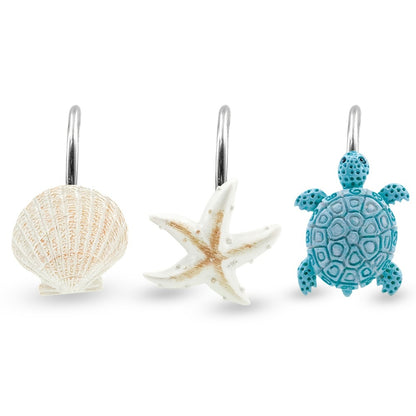 12pcs Resin Marine Shower Curtain Hooks – Blue Turtle & Starfish Shell Decorative Bathroom Curtain Ring Hangers Home Decor Accessories