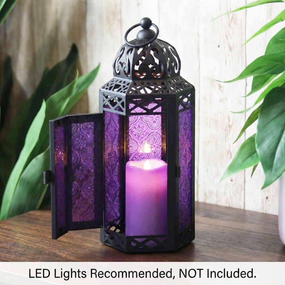 Moroccan Candle Lantern Holder - Decorative Metal & Glass Lantern with Embossed Floral Design for Indoor Home Decor, Garden, Patio, Weddings, Ramadan, Halloween & Holiday Celebrations - 10.5" Tall Medium Size