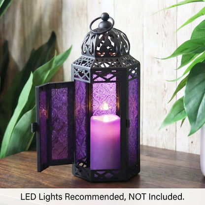 Moroccan Candle Lantern Holder - Decorative Metal & Glass Lantern with Embossed Floral Design for Indoor Home Decor, Garden, Patio, Weddings, Ramadan, Halloween & Holiday Celebrations - 10.5" Tall Medium Size