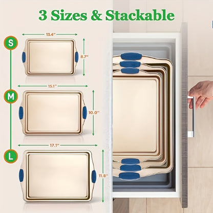 Nonstick Baking Sheet Set with Silicone Handles, Carbon Steel Cookie Sheet Pan Set in Assorted Sizes, Stackable Bakeware for Baking Roasting, Heavy Duty Oven Pans with Orange Handles, 2-Piece or 6-Piece