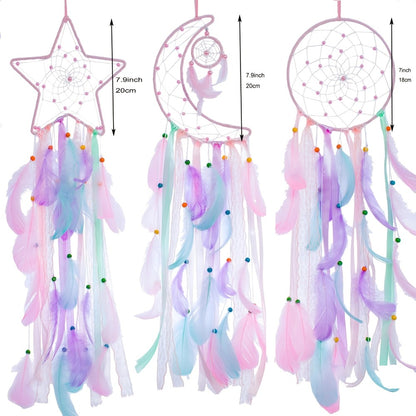 Dream Catcher Set of 3 - Moon Sun Star Wall Hanging Decor for Bedroom, Boho Room Decor for Teen Girls Kids, Princess Bedroom Decoration, 8 Inch Metal Hoop, Pink White Black Brown, Nursery Wall Art Gift