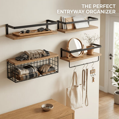 Floating Wall Shelves Set of 2 or 4 Rustic Wood and Iron Wall Mounted Shelf for Living Room Bedroom Kitchen Bathroom, Farmhouse Industrial Hanging Display Shelf for Plants Books Candles Decor