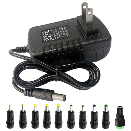12V 2A AC DC Power Supply Adapter 11-in-1 with 10 Tips 100-240V 50-60Hz Universal DC Transformer for LED Light CCTV Camera Router BT Speaker GPS Webcam 4.9ft Cord