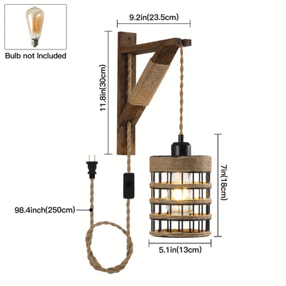 Plug In Wall Sconces Set of 2 or 1 – Rustic Farmhouse Wall Lamp with Metal Cage & Wooden Bracket, Plug-Into-Outlet Hanging Light for Bedroom, Living Room & Headboard