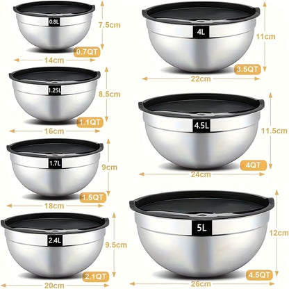 Stainless Steel Mixing Bowls with Airtight Lids Set of 14 Seven Nesting Bowls 0.7 to 4.5QT for Mixing Serving Salad Food Prep Kitchen Storage