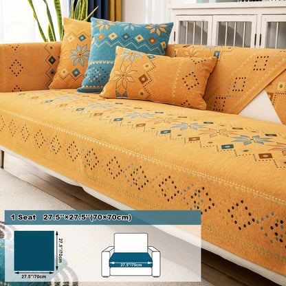 Bohemian Chenille Sofa Cover | Geometric Print Non-Slip Couch Slipcover, Thick Plush Boho Style, 1 to 4 Seat, Armrest & Backrest, Machine Washable, Sectional Sofa Protector