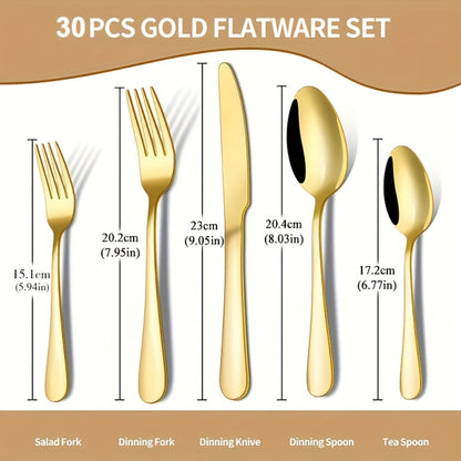 30pcs Golden Stainless Steel Flatware Set for 6 People Mirror Polish Knives Forks Spoons Silverware with Wooden Gift Box for Wedding Celebration Banquet Business Gift