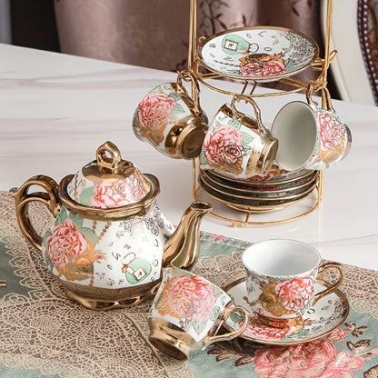 European Floral Ceramic Tea Set 20 Pcs – Italian Style Afternoon Tea Set with Metal Stand – Blooming Pattern Teapot & Cups – Elegant Gift for Tea Lovers & Special Occasions – Golden