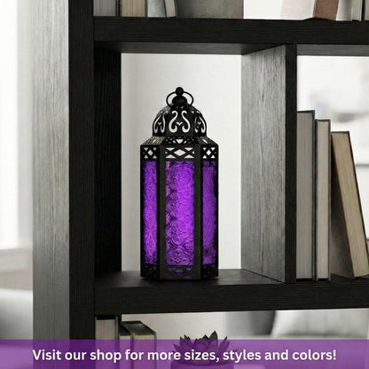 Moroccan Candle Lantern Holder - Decorative Metal & Glass Lantern with Embossed Floral Design for Indoor Home Decor, Garden, Patio, Weddings, Ramadan, Halloween & Holiday Celebrations - 10.5" Tall Medium Size