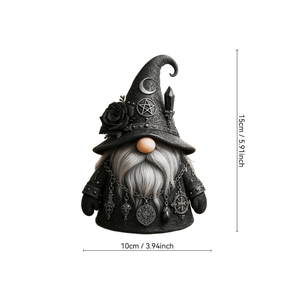 Resin Figurine Gothic Elf Dwarf Statue – Vintage Fantasy Desktop Ornament with Crescent Pentagram Black Rose Gray Beard – Mysterious Collectible Sculpture for Home Office Shelf Decor Gift