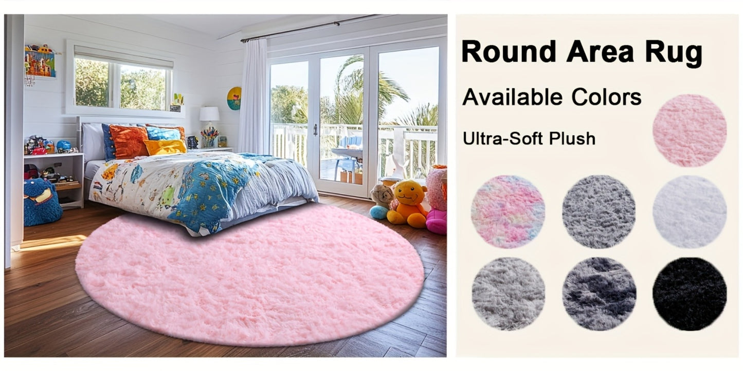 Round Shaggy Plush Rug – Soft Fluffy Circular Carpet for Bedroom & Living Room, Easy Clean