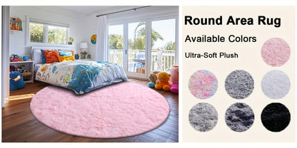 Round Shaggy Plush Rug – Soft Fluffy Circular Carpet for Bedroom & Living Room, Easy Clean