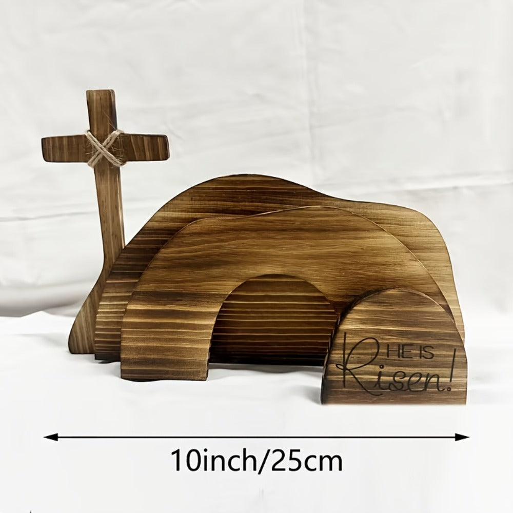 Easter Cross Decoration Wood He Is Risen Wooden Tomb Easter Resurrection Scene for Tray, Tabletop & Shelf – Religious Nativity Decor for Home & Office