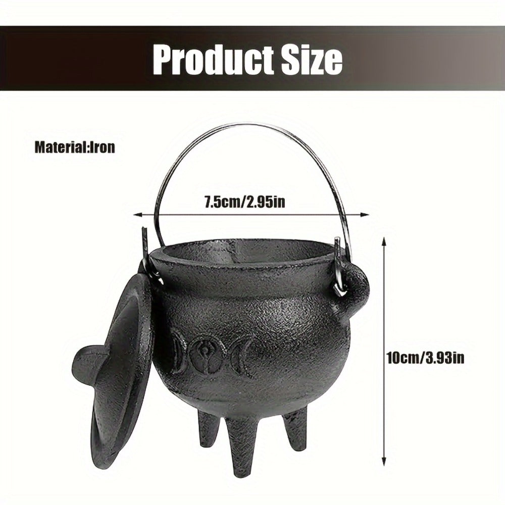 Cast Iron Cauldron with Lid & Handle – Witchcraft Incense Burner, Spell Ritual Pot, Halloween Decor, Pentagram & Triple Moon Styles, Pagan Altar Cauldron