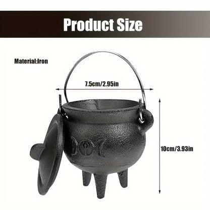 Cast Iron Cauldron with Lid & Handle – Witchcraft Incense Burner, Spell Ritual Pot, Halloween Decor, Pentagram & Triple Moon Styles, Pagan Altar Cauldron