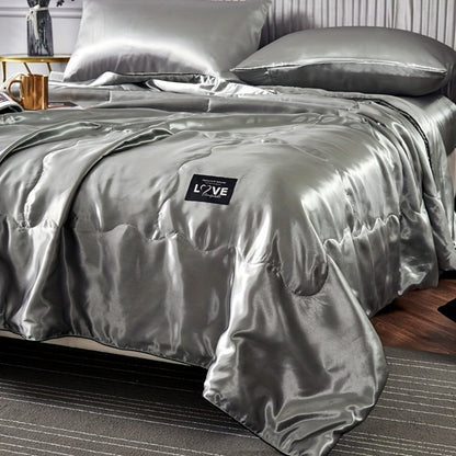 Cooling Satin Quilt Summer Comforter Ultra-Soft Breathable Lightweight Blanket, Machine Washable Satin Weave Bedspread for Home Dorm Hotel, Twin Full Size, White Silvery Grey Pink Lake Blue