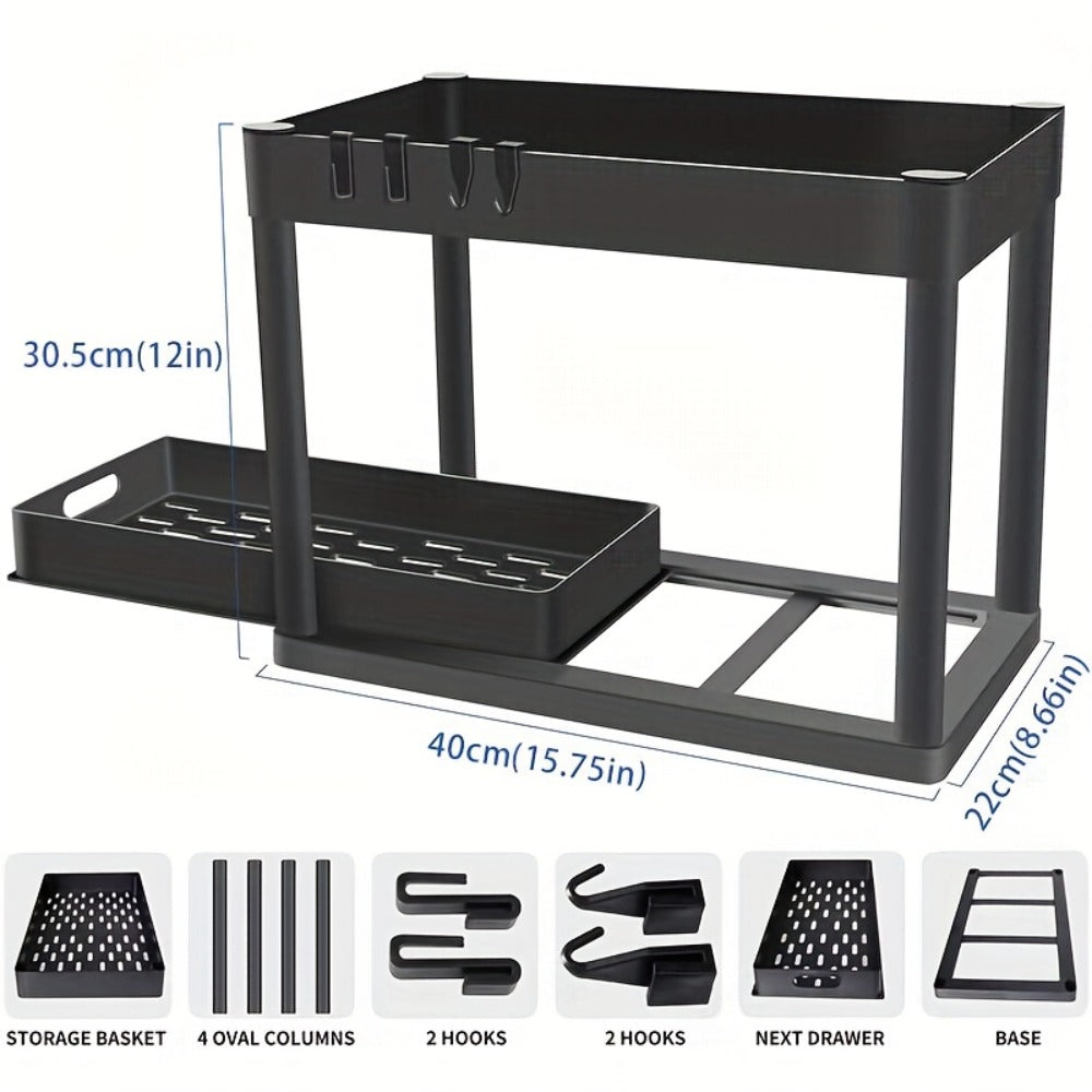 Under Sink Organizer Set of 2 – Dual Tier Sliding Basket Drawers with 8 Hooks Kitchen Bathroom Cabinet Storage
