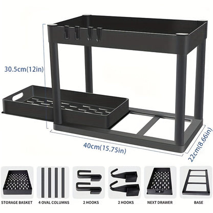 Under Sink Organizer Set of 2 – Dual Tier Sliding Basket Drawers with 8 Hooks Kitchen Bathroom Cabinet Storage