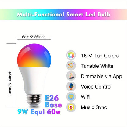 Color Changing Smart Bulbs, RGB+CW A19 E26 WiFi LED Bulb 16 Million Colors 2500K-6500K Dimmable, Works with Alexa Google Home, App Voice Control 29 Scene Modes Timer, 9W 800LM 2.4GHz No Hub Required