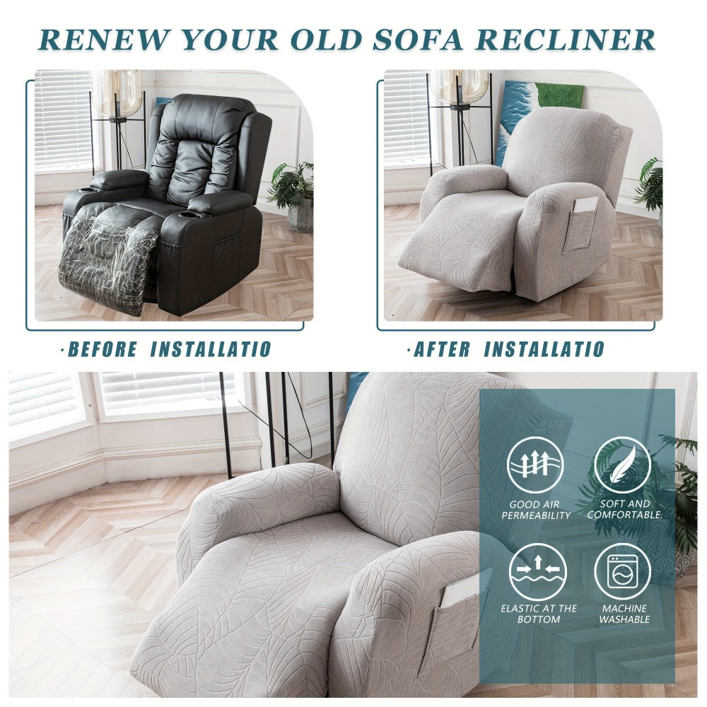 Recliner Chair Cover Slipcover 4-Piece Set – Leaf Jacquard Stretch Furniture Protector with Storage Pocket, Non-Slip Recliner Sofa Cover for Living Room, Machine Washable, 6 Colors Available