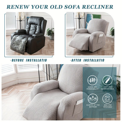 Recliner Chair Cover Slipcover 4-Piece Set – Leaf Jacquard Stretch Furniture Protector with Storage Pocket, Non-Slip Recliner Sofa Cover for Living Room, Machine Washable, 6 Colors Available