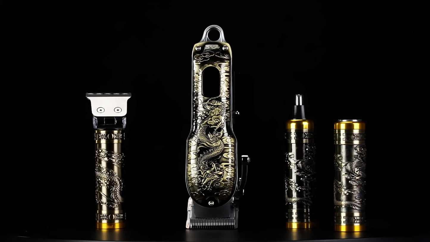4-in-1 Men's Grooming Kit - Dragon Engraved Hair Clipper, T-Blade Trimmer, Nose Groomer & Shaver, 6000 RPM Motor, USB Rechargeable, LED Battery Display, Perfect Gift for Men