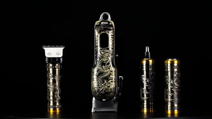 4-in-1 Men's Grooming Kit - Dragon Engraved Hair Clipper, T-Blade Trimmer, Nose Groomer & Shaver, 6000 RPM Motor, USB Rechargeable, LED Battery Display, Perfect Gift for Men