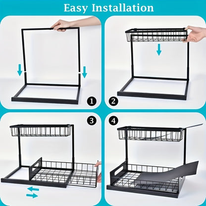 Under Sink Organizer Pull Out, 2-Tier Slide Out Cabinet Organizer with Adjustable Shelves, Under Sink Storage Rack for Kitchen Bathroom Cabinet Organization