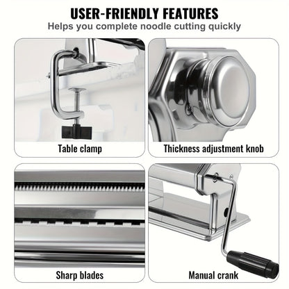 Pasta Machine with 8 Adjustable Thickness Settings, 2-in-1 Stainless Steel Manual Pasta Maker with Roller & Cutter, Homemade Noodle Maker for Spaghetti Fettuccine Lasagna Dumpling Wrappers
