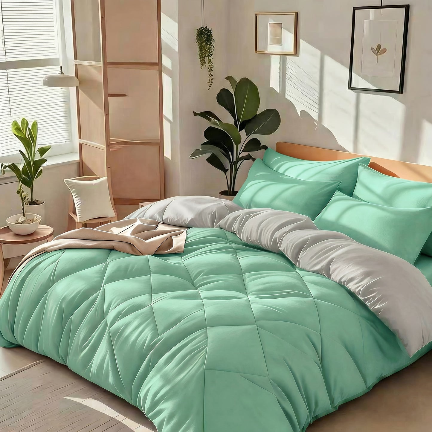 Cooling Comforter Set 2/3 Pcs – Soft Fluffy Microfiber Lightweight Breathable Quilt, Rhombus Grid Solid Color Bedding for All Seasons, Twin Queen King – Multiple Colors Available