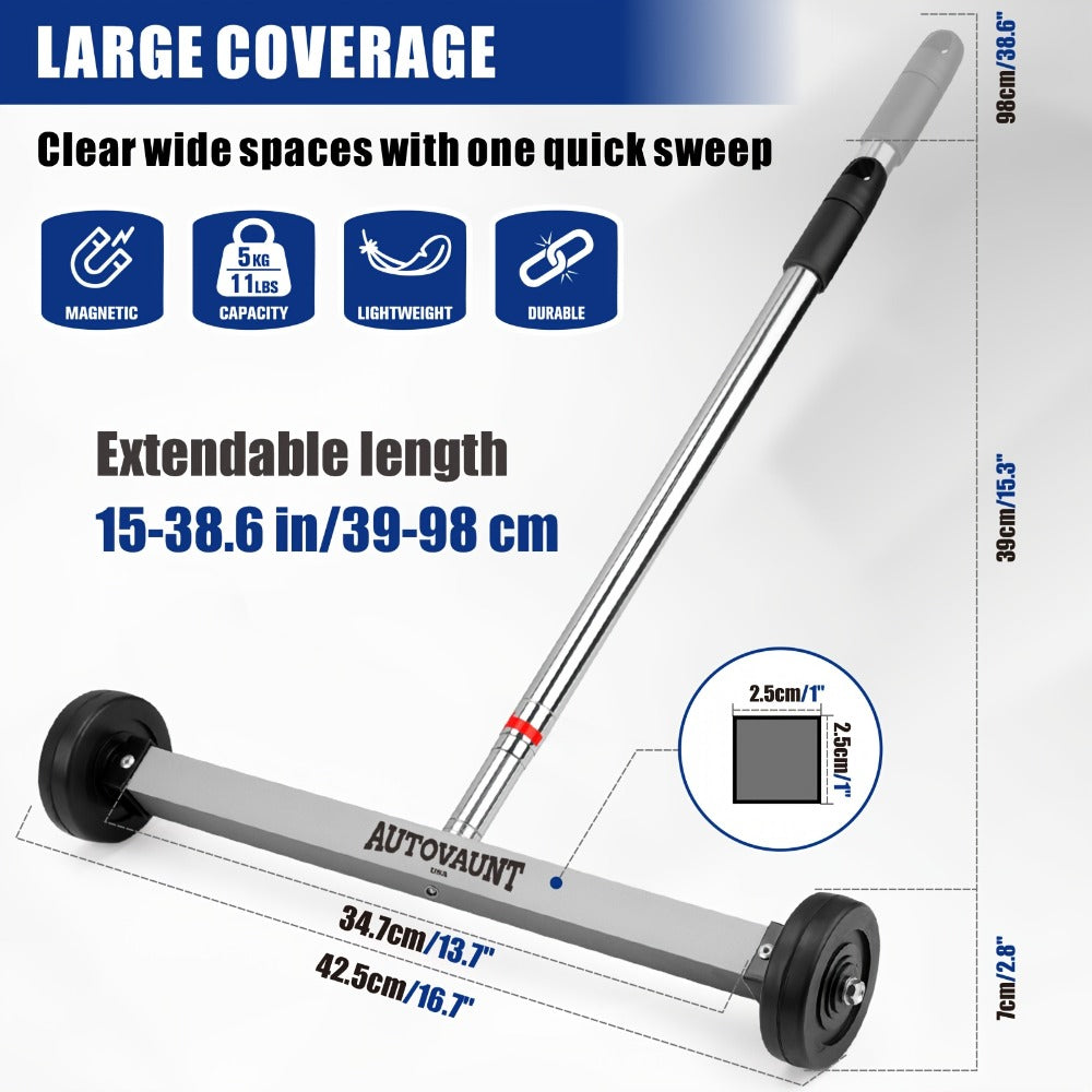 Rolling Magnetic Sweeper 17-Inch with Wheels – Heavy Duty 8.8lb Capacity Telescoping Adjustable Handle 15–38 Inch Picks Up Screws Nails Nuts for Garage Workshop Construction