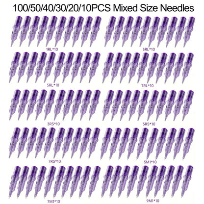 Disposable Tattoo Needles Mixed Size Sterilized RL RS M1 0.35mm – Safety Tattoo Needle Set for Tattoo Artists and Beginners, Body Art Supplies 30 40 100 Piece Bulk Pack