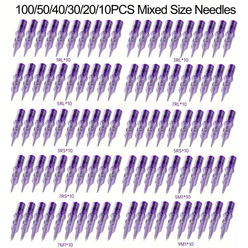 Disposable Tattoo Needles Mixed Size Sterilized RL RS M1 0.35mm – Safety Tattoo Needle Set for Tattoo Artists and Beginners, Body Art Supplies 30 40 100 Piece Bulk Pack