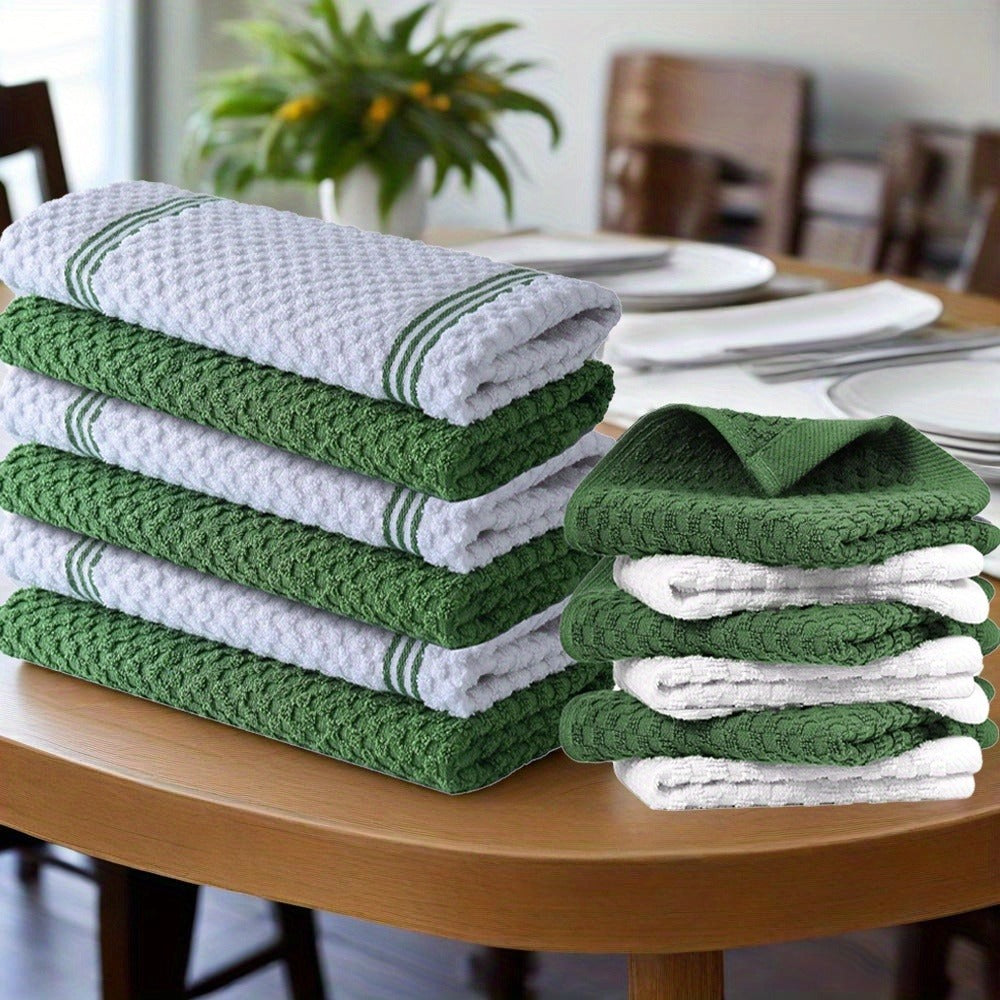 Cotton Kitchen Dish Towel Set 12pcs | 6 Hand Towels 15"x25" & 6 Wash Towels 12"x12" | Striped Weave Absorbent Durable Towels for Cooking Cleaning Drying