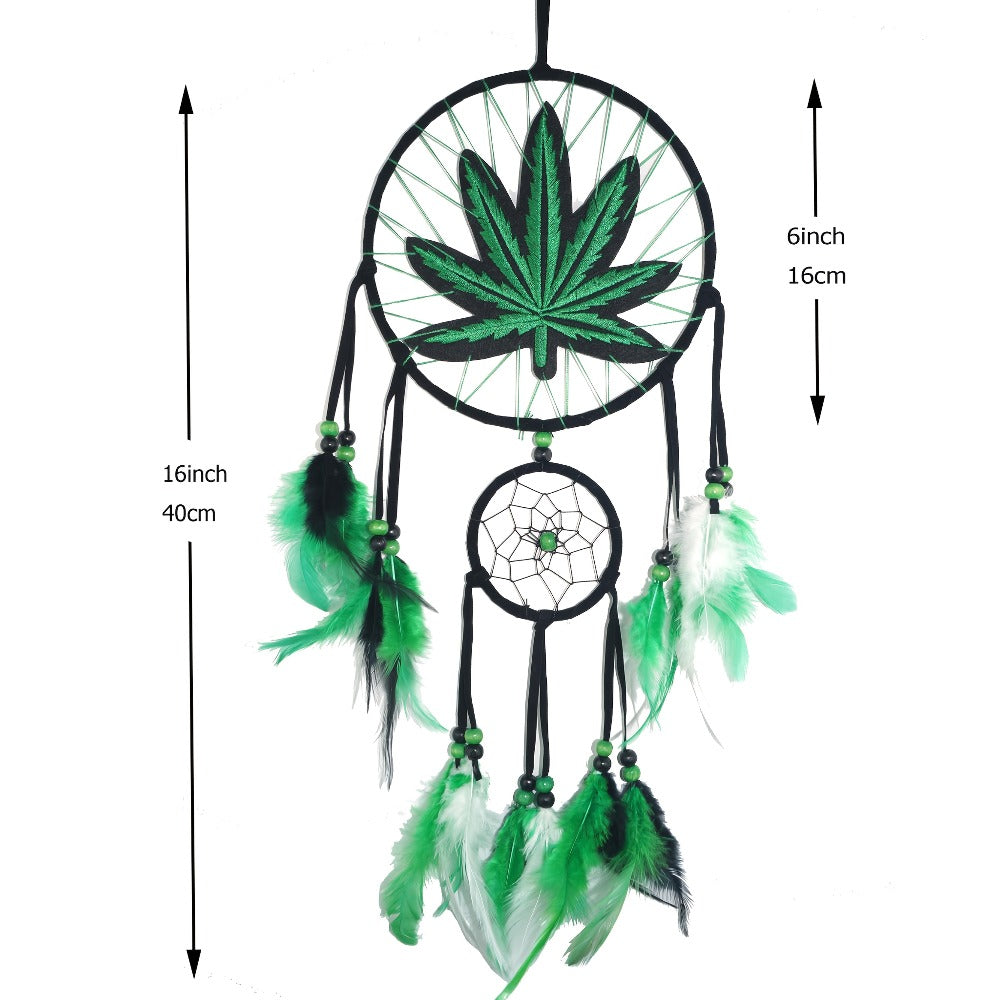 Bohemian Dream Catcher with Feathers & Leaf Embroidery – Boho Wall Hanging Decor for Bedroom, Bedside, Cabin & Living Room – Handcrafted Woven Dreamcatcher Gift for Women and Men