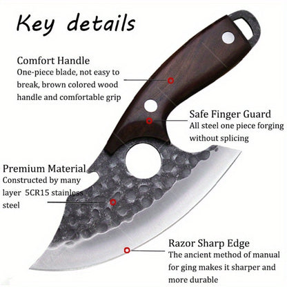 Kitchen Chef Knife Set 3 Piece Stainless Steel - Sharp Boning Knife, Utility Knife & BBQ Knife with Hammered Blade, Wood Handle, Full Tang, Multipurpose Cooking Knives for Meat Vegetables