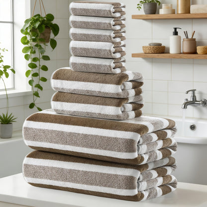 Coral Fleece Towel Set 9 or 15 Piece No Hair Loss 320GSM - Super Soft Absorbent Two-Color Striped | 2 Bath 2 Face 5 Hand Towels | Gray Brown Red Green Blue Mixed | Bathroom Beach Essentials