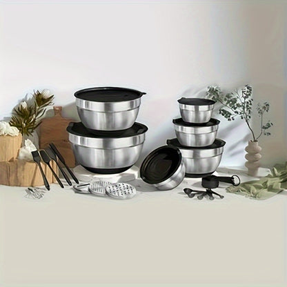 Stainless Steel Mixing Bowls with Airtight Lids 26pcs Set, 3 Grater Attachments, Non-Slip Bottoms, 7Qt 4Qt 2.5Qt 2Qt 1.5Qt 1Qt, Nesting Bowls for Mixing Serving Salad Baking