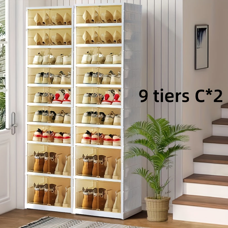 Shoe Rack Organizer 9-Tier, Collapsible Clear Plastic Foldable Stackable Shoe Cabinet with Shelves & Doors — No Assembly, Space-Saving Narrow Storage for Hallway, Apartment & Small Spaces