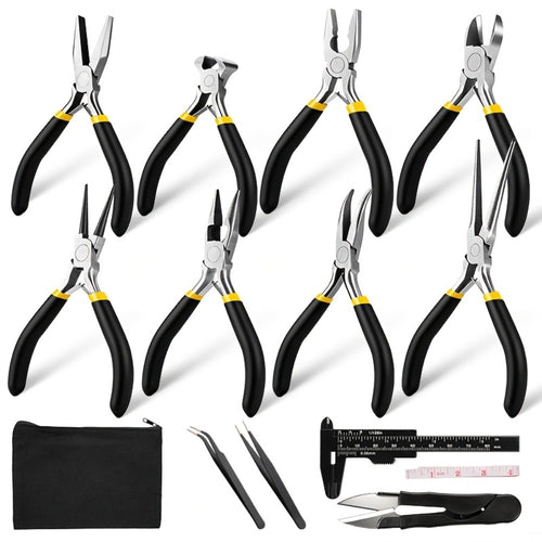 Jewelry Making Pliers Set 3/14pcs Tool Kit - Professional Round Nose, Flat Nose & Needle Nose Pliers, Wire Cutters, Tweezers, Scissors, Vernier Caliper, Storage Bag, for Beading, Wire Wrapping & DIY