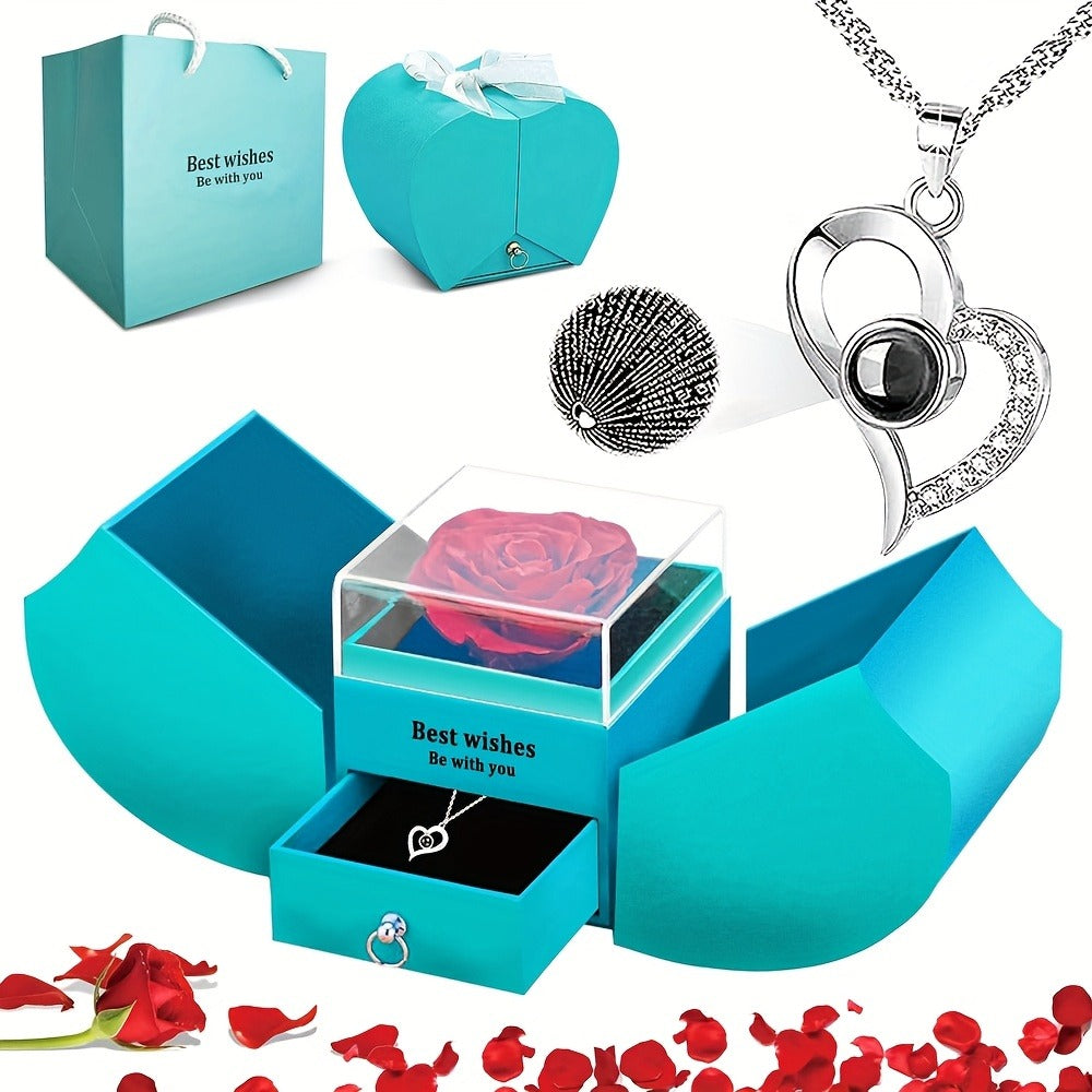 Preserved Real Rose Gift Box with I Love You in 100 Languages Necklace – Romantic Gifts for Girlfriend Wife Mom – Valentine's Day Birthday Mother's Day Christmas Gift Idea for Women