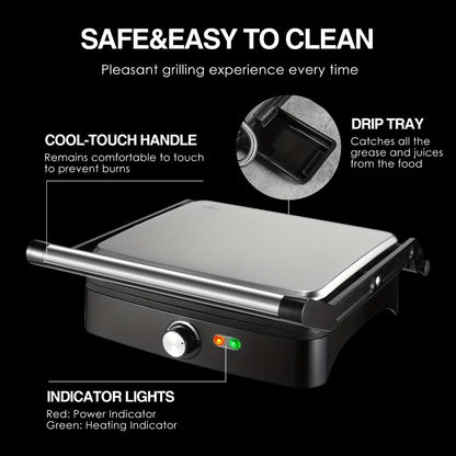 Panini Press Sandwich Maker 1200W – 4-Slice Non-Stick Grill with 180° Opening Adjustable Temperature 120–428°F & Removable Drip Tray | Electric Contact Grill for Sandwiches Steaks Burgers Indoor Use