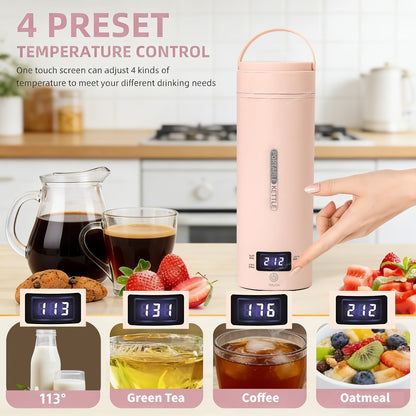 Travel Electric Kettle Mini Portable – Small Water Boiler with 4 Temperature Settings, 304 Stainless Steel, Auto Shut-Off & Boil-Dry Protection, BPA-Free Compact Tea Coffee Kettle with Leather Sleeve – Pink, Black, White