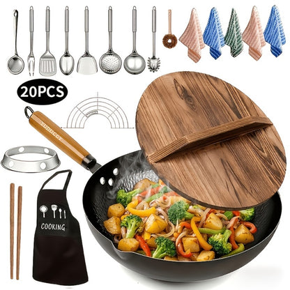 Carbon Steel Wok Set with Lid & Accessories – 14-Piece Non-Stick Stir Fry Pan 12.6" for Gas Electric Induction All Stoves | Wok Pan with Spatula Brush Ring Utensils Kitchen Cooking Set